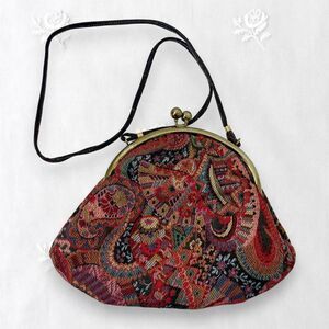 Vintage 70s Burgundy Purple Multi Fabric Tapestry Paisley Kiss Lock Bag